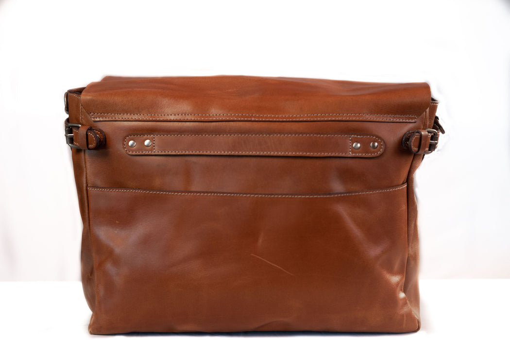 light brown leather messenger