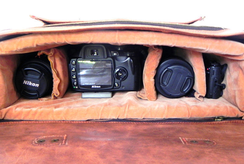 brown leather camera bag