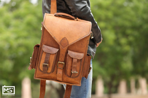  HULSH Handmade 16 Inch Brown Leather Backpack For Men Vintage  Easy Open Push Lock Genuine leather backpack for women