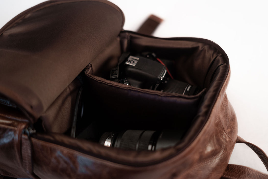 Leather Backpack with Camera Compartments