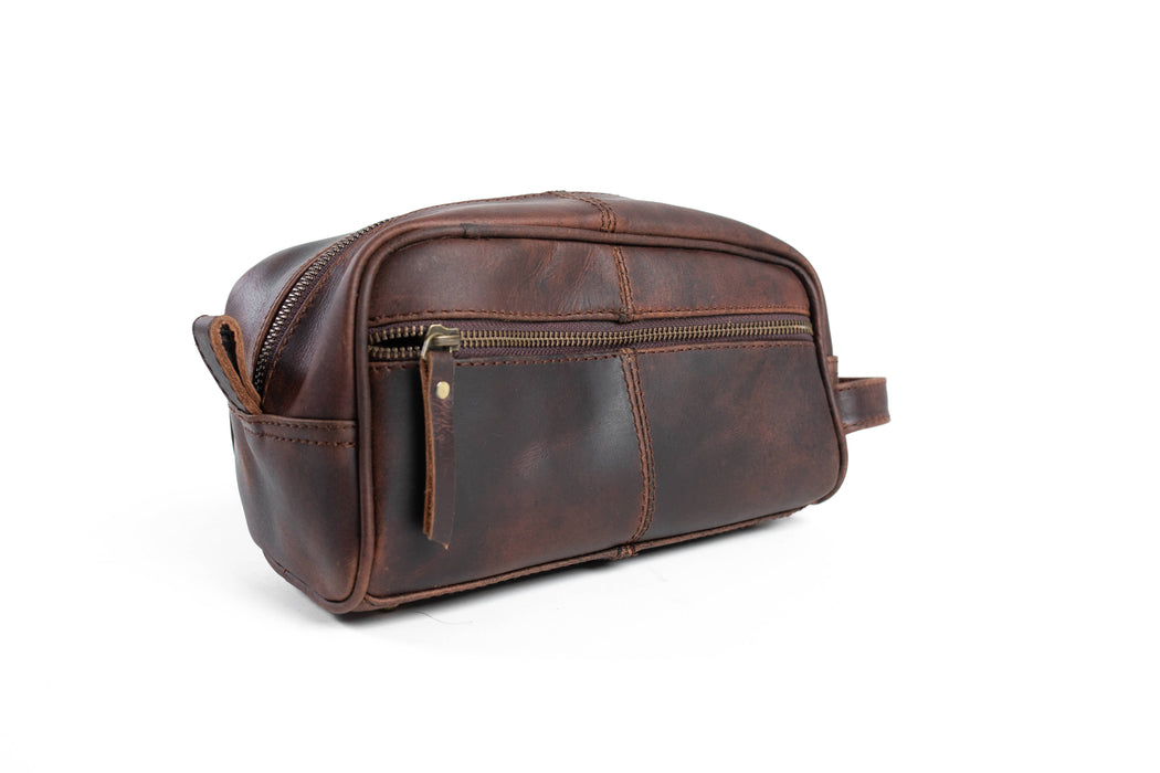 small brown leather wash bags