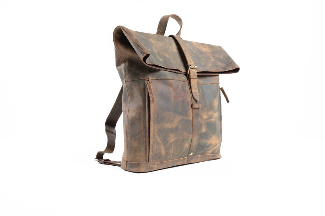 Small foldover leather backpack